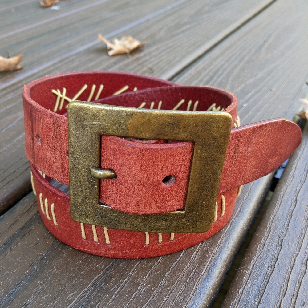 Red Leather Belt with Threaded Details - Express S